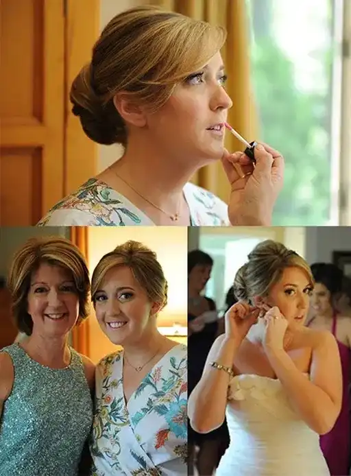 Bride getting ready: applying makeup, posing with mother, adjusting earrings.