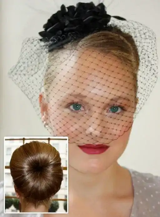 Woman with fascinator and netting, inset shows back of elegant updo hairstyle.