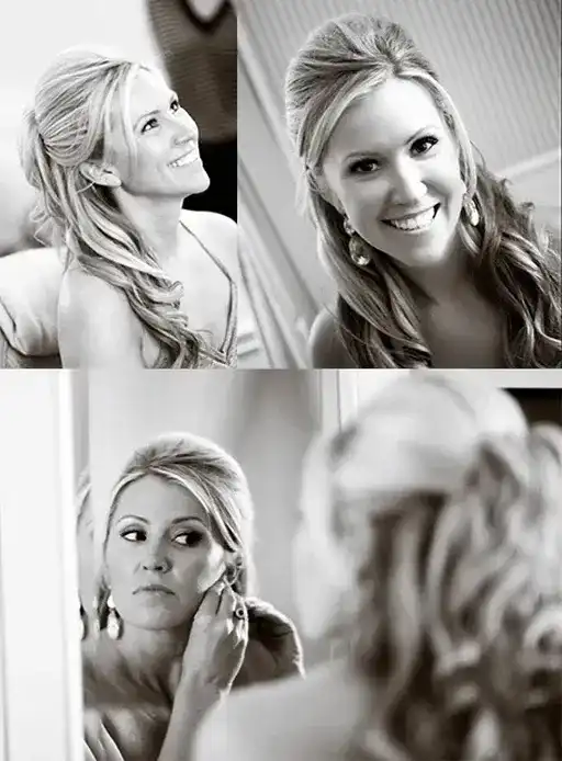 Stylish woman in black and white photos, smiling and looking in the mirror.