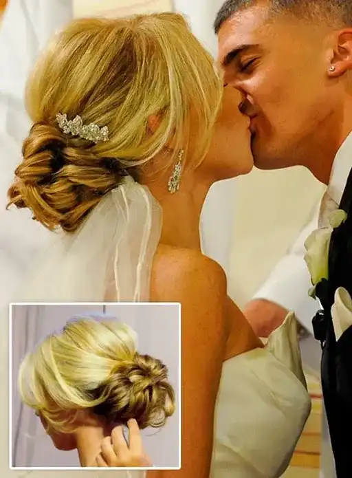 Bride and groom kissing at wedding, inset shows bride's elegant hairstyle.